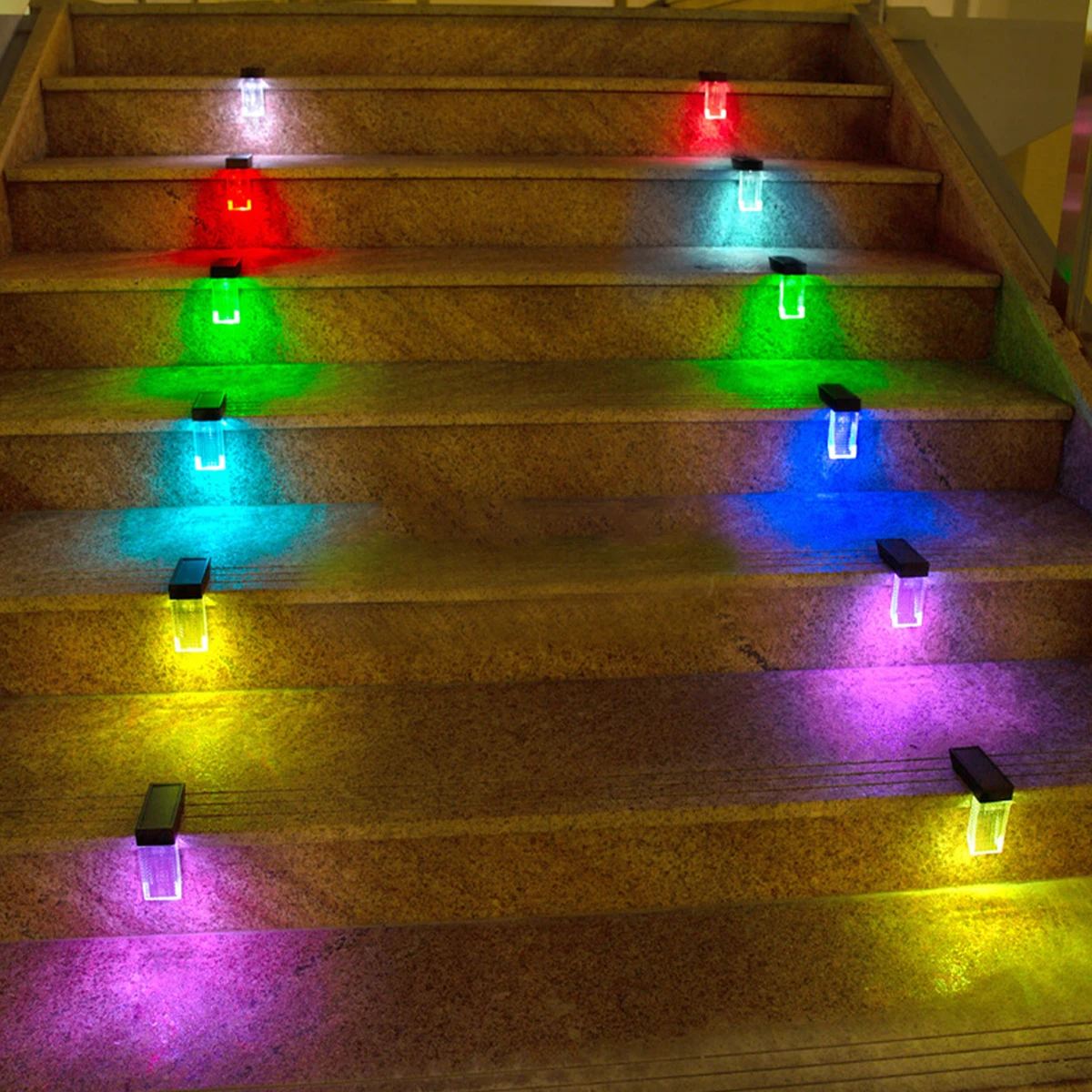 2 pezzi luci solari per recinzione, gradini, luci esterne, impermeabili, 7 colori che cambiano, lampada a energia solare, decorazione per patio, scale, giardino, recinzione_voghion.com