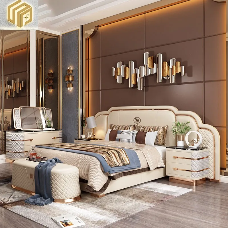 

Luxury designer high-end villa living room furniture luxury leather bed modern soft bag double bed wedding bed