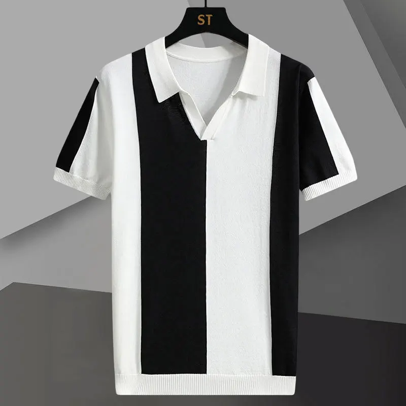 

Рубашка-поло мужская Трикотажная из вискозы, топ с короткими рукавами и отложным воротником, повседневная сорочка контрастной расцветки, лето