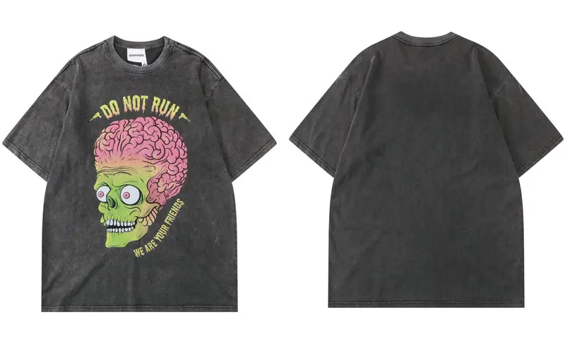 Zombie Skull Print Streetwear Men's Vintage Washed Loose Tee - true deals club