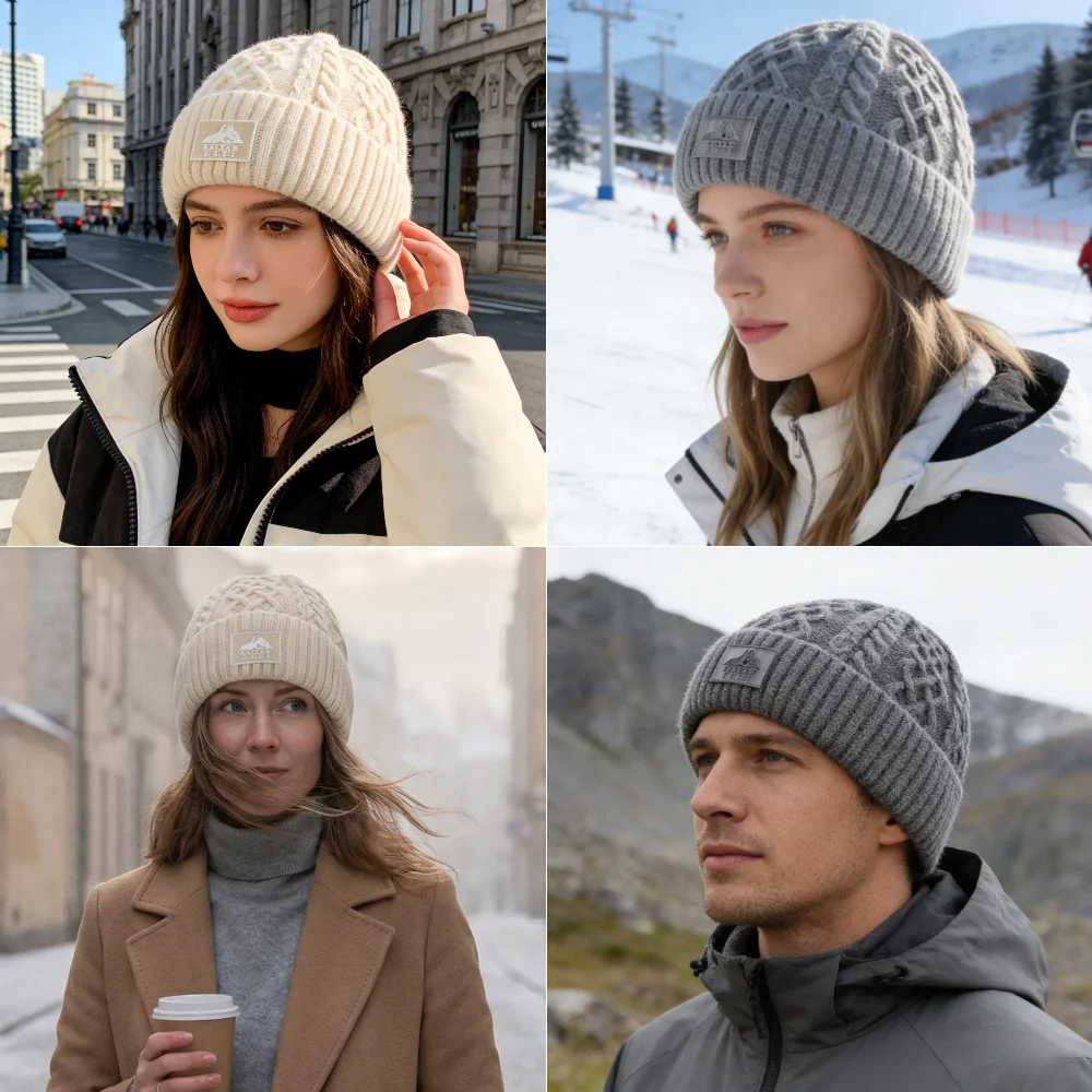 Unisex Keep Warm Winter Hat Plush Fur Lined Stylish Warm Cap Soft Beanie Hat For Men Women Outdoor Ski Sports Knitted Hat