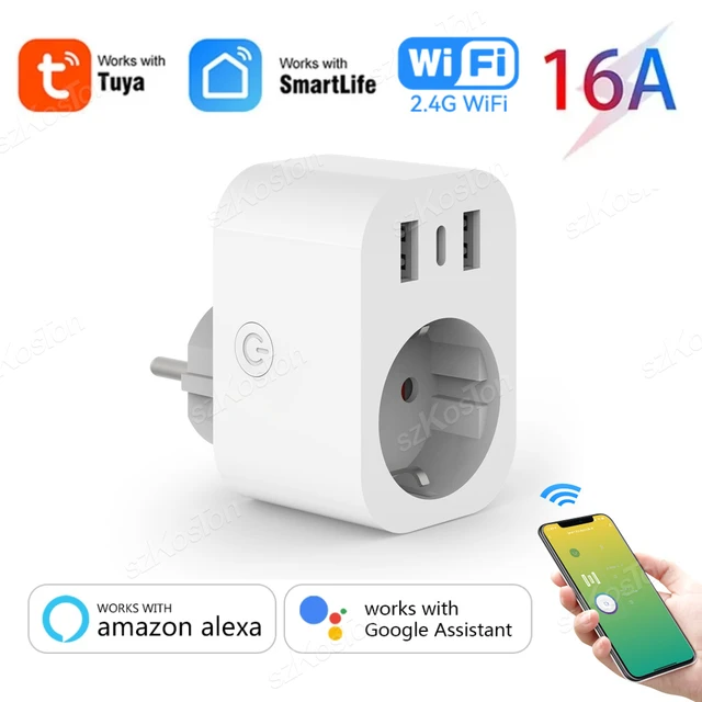 Tuya WiFi Smart Plug 16A EU Smart Socket AC Power Outlet USB Type C Phone Charger Home Appliance Works with Alexa Google