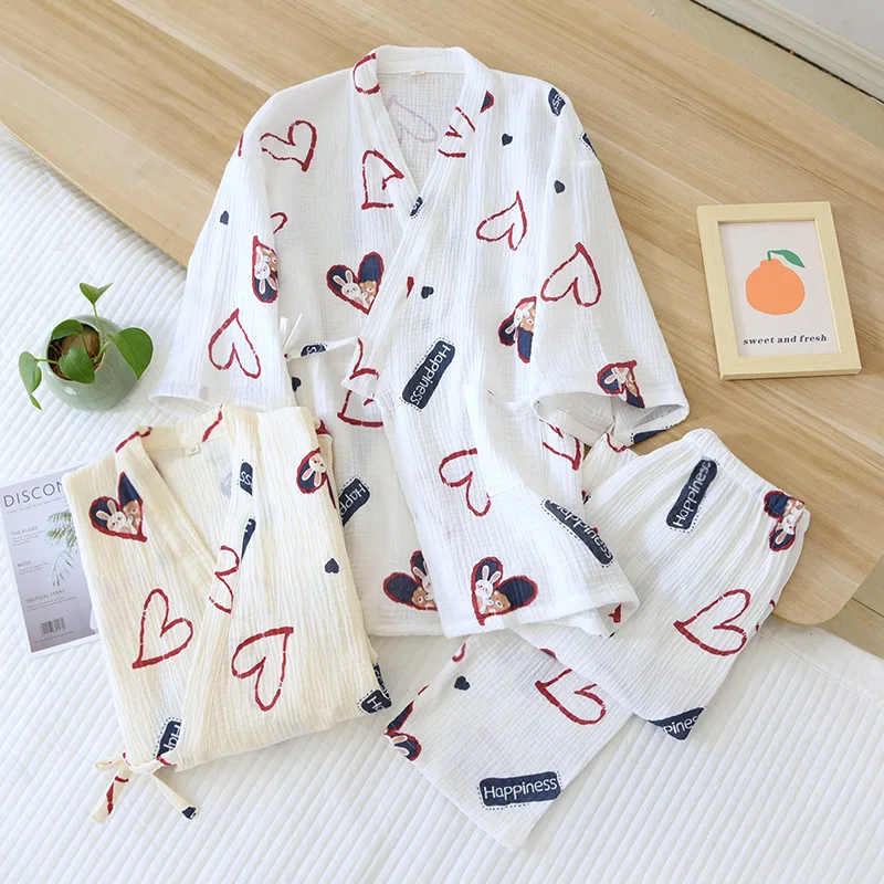 

Summer Kimono Pajama Set Pure Cotton Gauze Home Clothing Three Quarter Pants Suit V-Neck Print Women Pajamas Two Piece Pj Sets