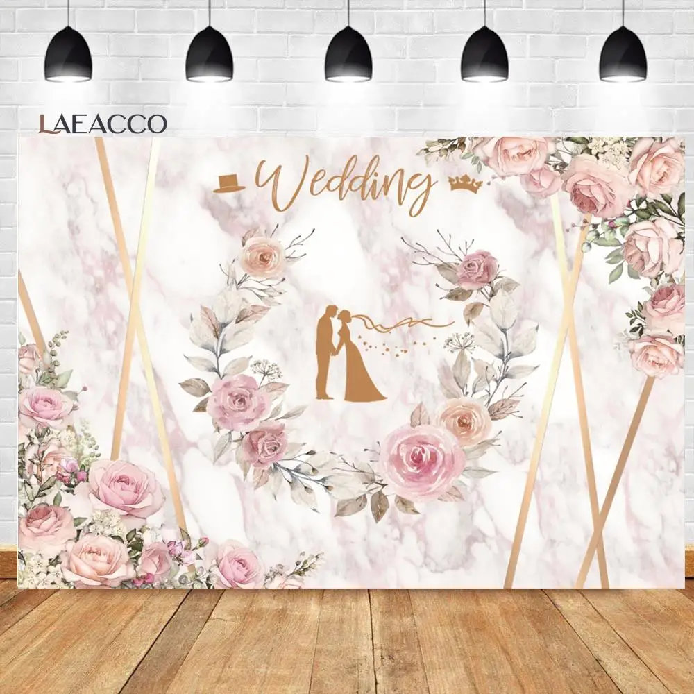 

Laeacco Pink Watercolor Flower Marble Pattern Wedding Party Decor Background Bridal Shower Portrait Custom Photography Backdrop