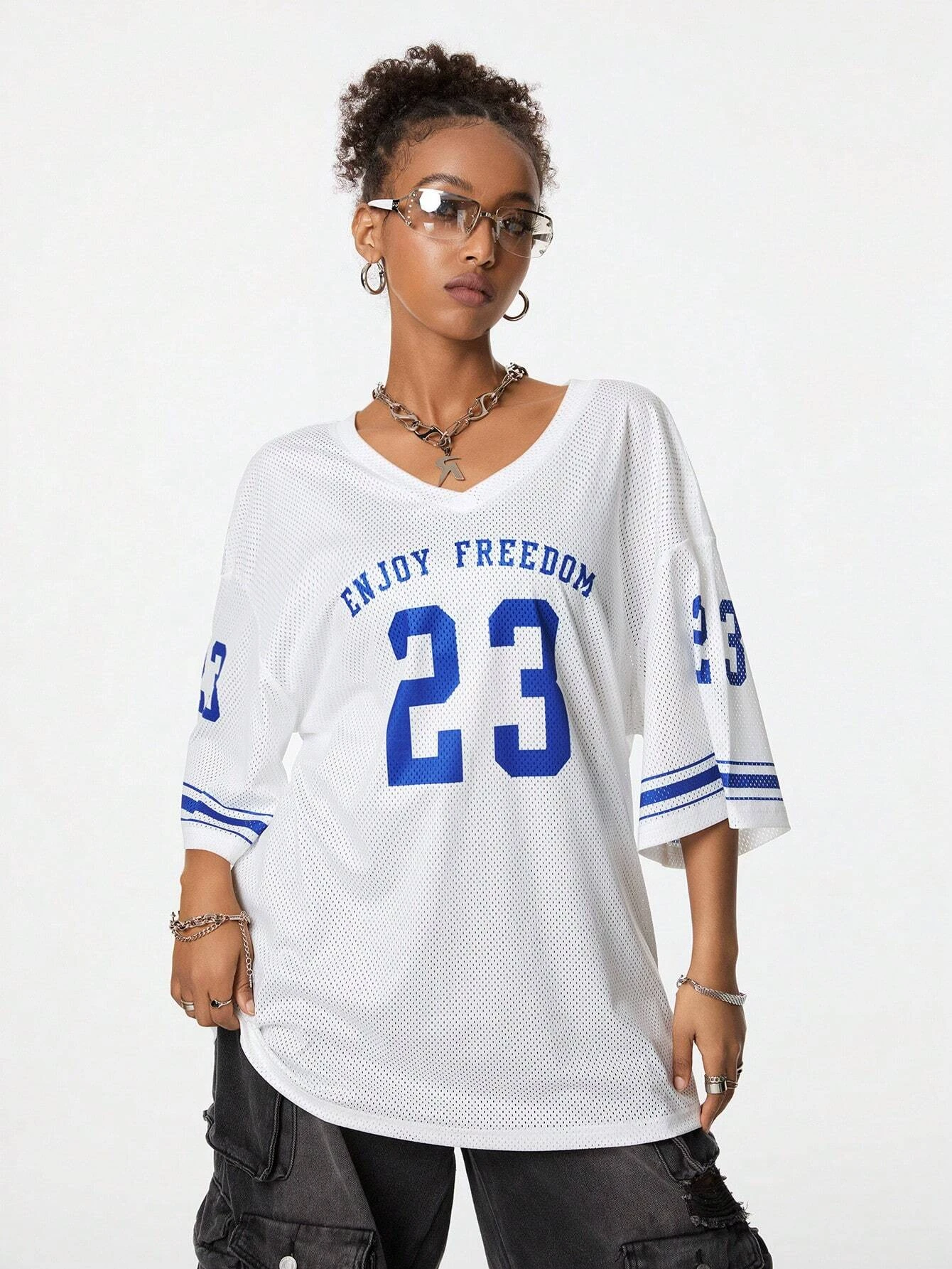 2024 Summer New Enjoy Freedom Print T-Shirt For Women V-Neck Short