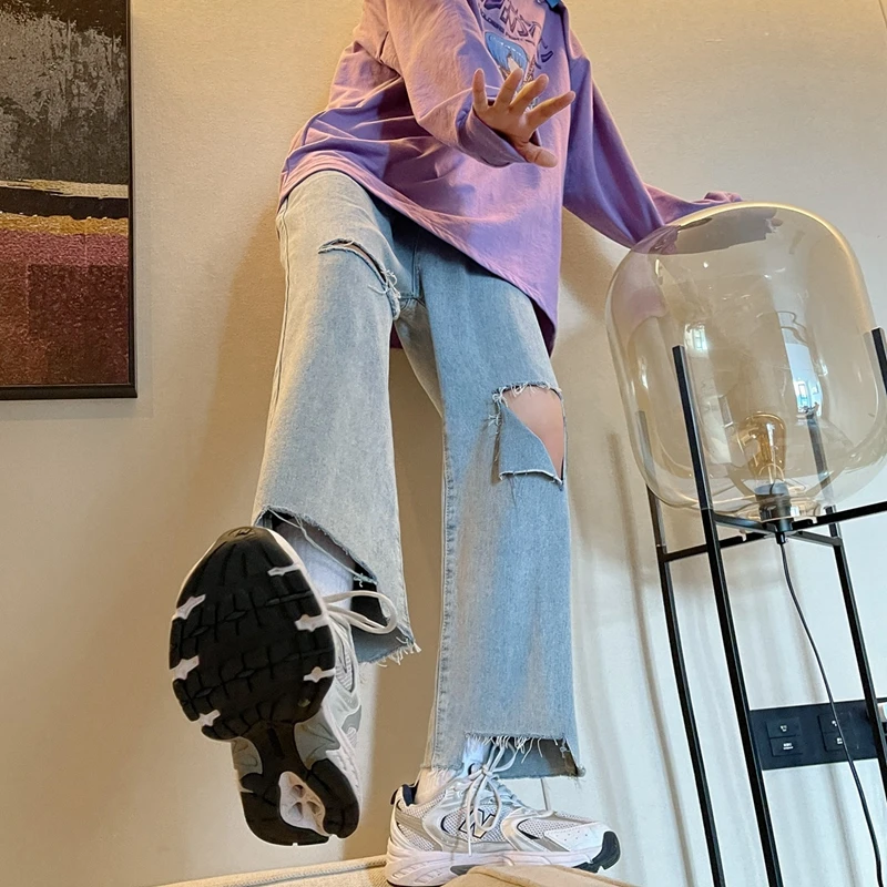 

Джинсы с перфорацией, женские свободные Капри, летние облегающие прямые брюки, мужские уличные джинсы, уличная одежда, брюки для мужчин