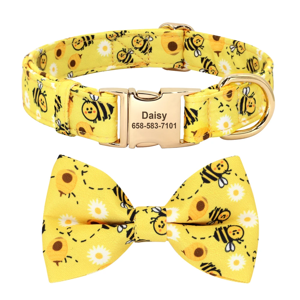 Bowtie Dog ID Collar Personalized Nylon Dog Collars Bowknot Free Engraved Flower Bee Heart Necklace for Small Medium Dogs