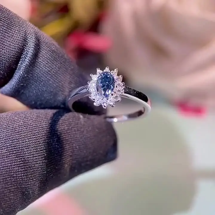 Smyoue 0.5ct Oval Cut Blue Moissanite Rings for Women Luxury