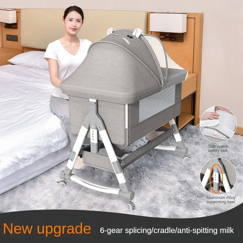 Movable Aluminum Alloy Baby Crib Portable Cradle Bed Foldable Multifunctional Newborn Spliced Bed