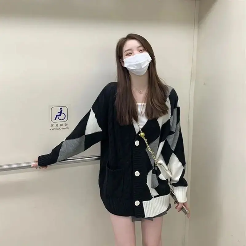 

2023 Women's Spring Autumn Retro Loose Sweater Coats Female Single Breasted Knit Jackets Ladies V-neck Cardigan Outerwear A371