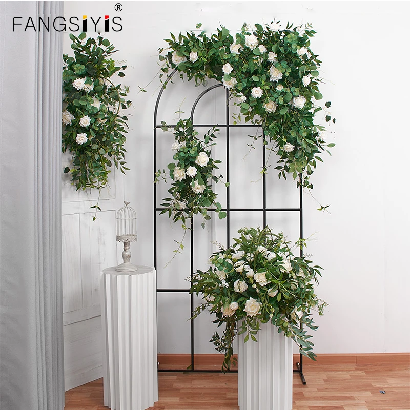 

Outdoor Wedding Backdrop Arch Deco Hang Flower Row Artificial Green Plant Rose Floral Arrangement Party Church Floor Flower Ball