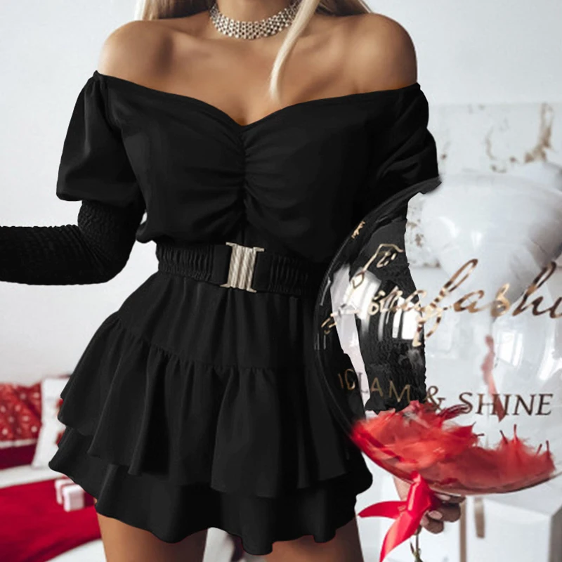 

Женское мини-платье с поясом, привлекательное многослойное облегающее платье-трапеция с длинным рукавом, открытыми плечами, высокой талией и V-образным вырезом, новинка весны 2024
