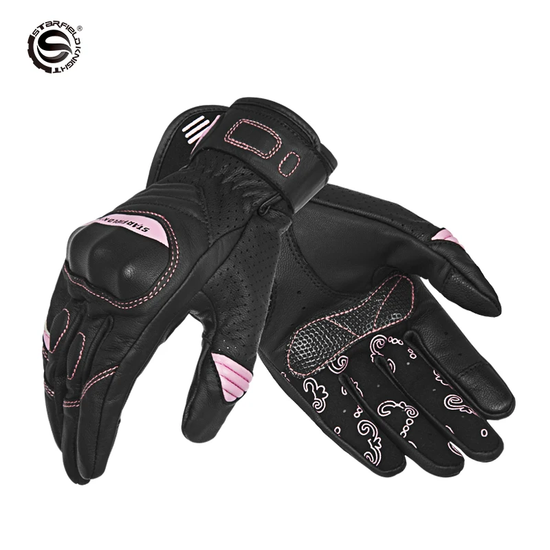

Star Field Knight Summer Breathable Pink Women's Motorcyle Gloves Real Goatskin Leather Gloves Wear-resistant Riding Protection