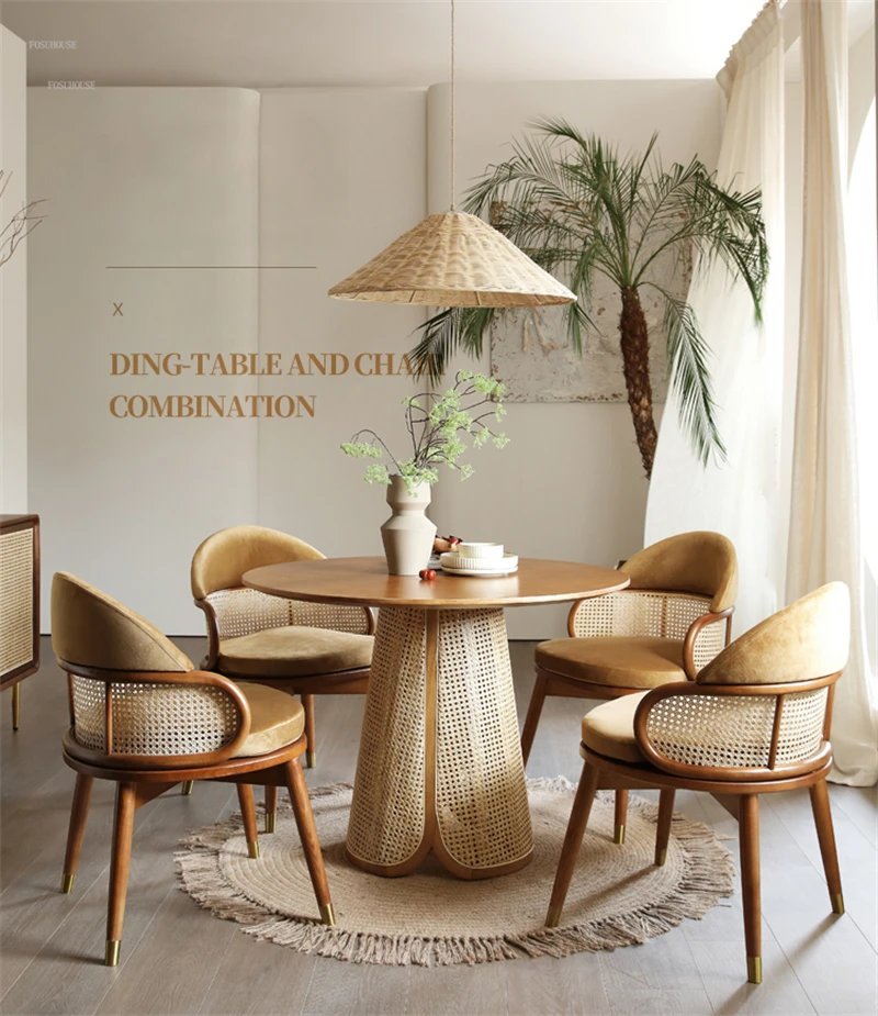 Description Picture 6 of itemNordic Solid Wood Round Dining Tables Small Apartment Home Rattan Dining Table and Chair set Creative Homestay Home Furniture Z