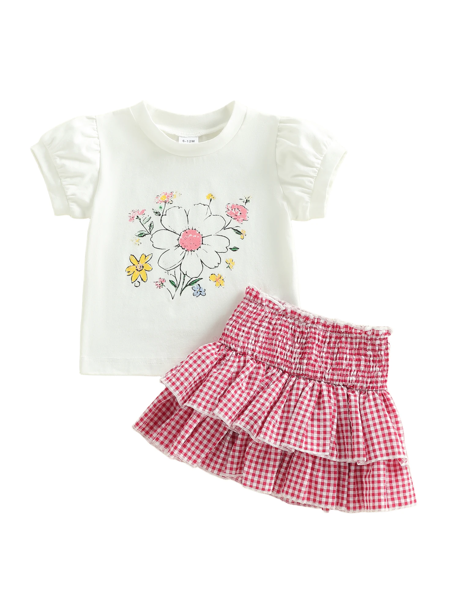 Adorable Toddler Girls 2 Piece Set with Floral Print Short Sleeve Top and Plaid Skirt Perfect for Playdates and Parties