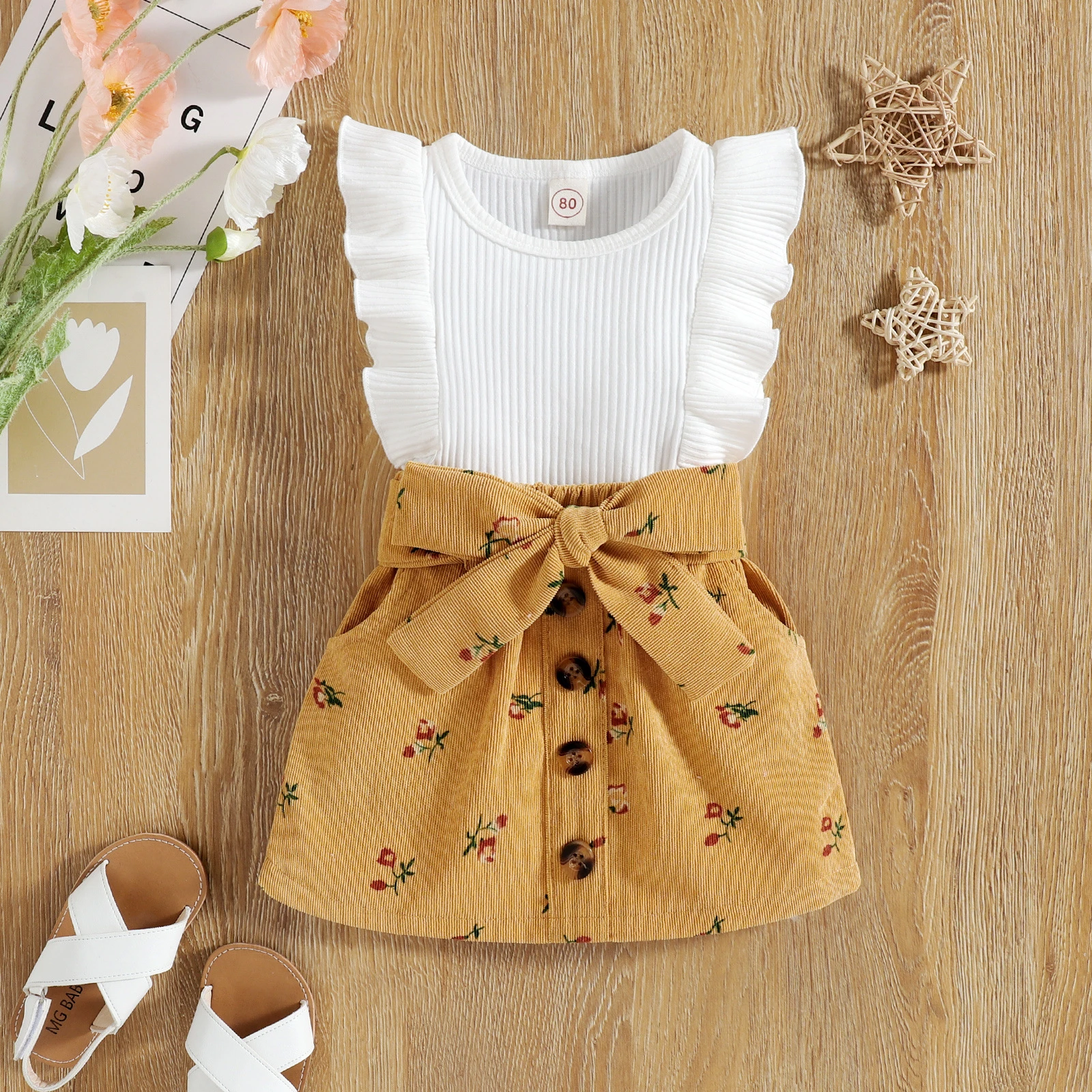 Baby Girl Clothes Children Clothing Sets Toddler Solid Ribbed Flying Sleeve Top + Floral Bow Shorts 2pcs Set Infant Outfits stylish baby clothing set