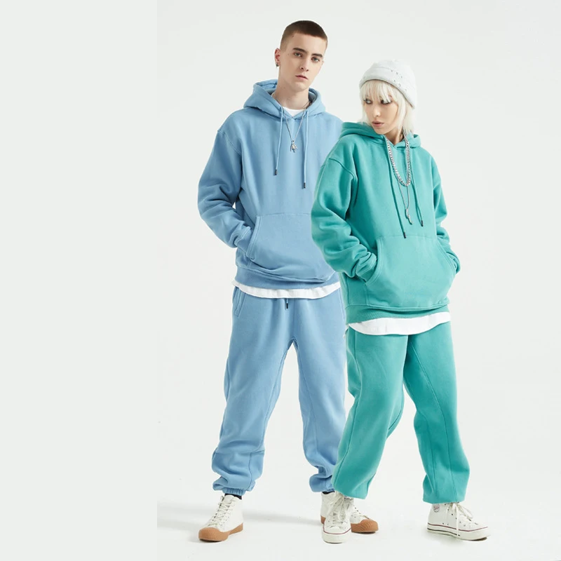 Unisex 2piece Casual Solid 345g Plus Size Hoodies and SweatPants Set Cotton Stacked for Men High Quality