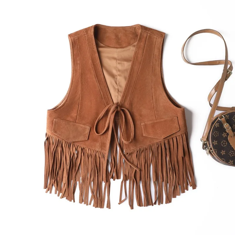 

2024 Fashion New Genuine Leather Jacket Retro Western Cowboy Style Sheepskin Suede Vest E47