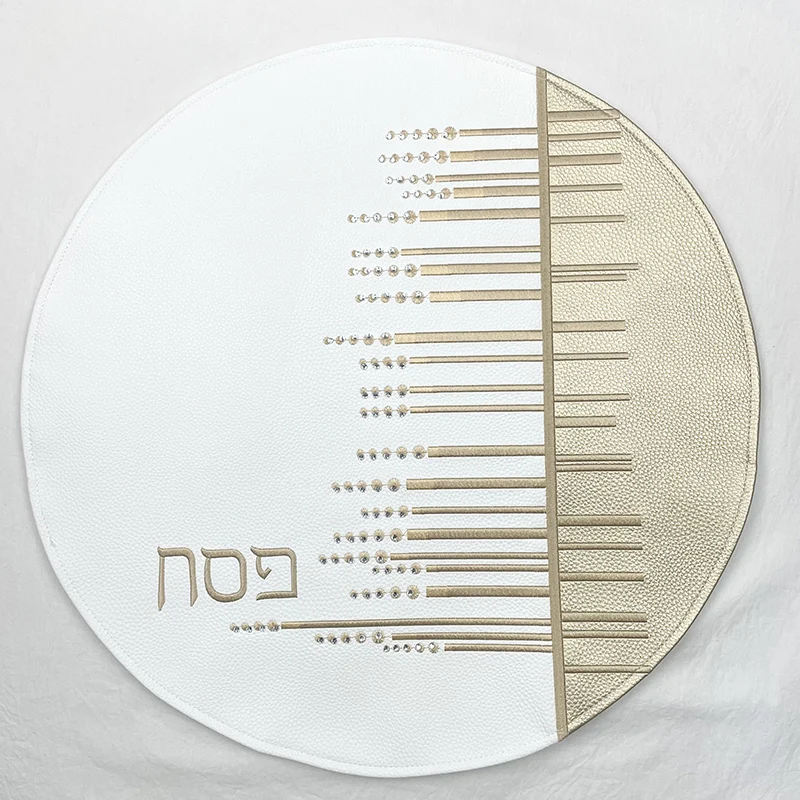 46cm Challah Cover Round Stone PU Leather Matzah Cover for Shabbat Hebrew Embroidery