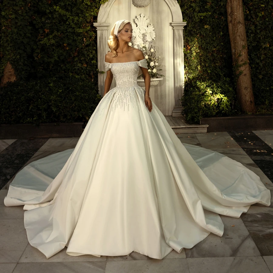 

MisShow A-Line Women Wedding Party Dress Off the Shoulder Evening Dresses With Beading Women Elegant Prom Gown Vestido