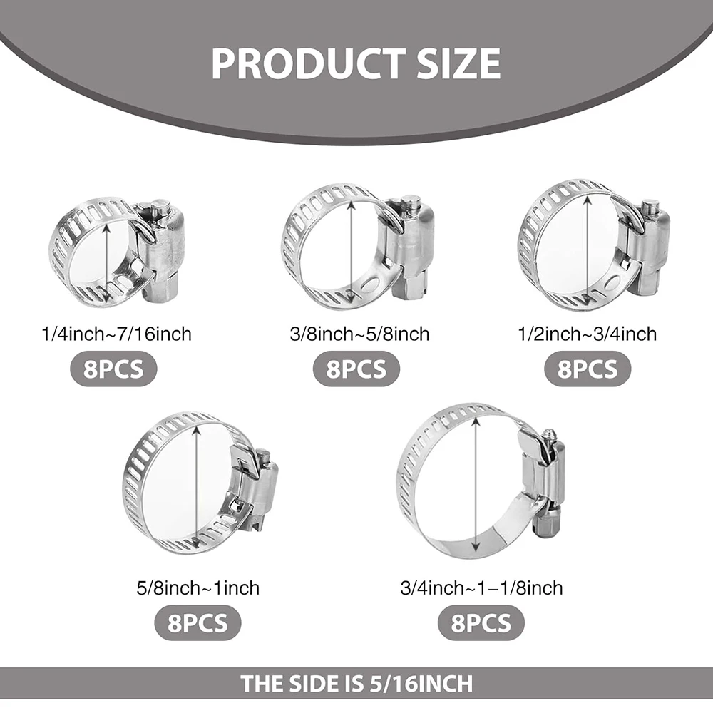 40 PCS Hose Clamp Kit 304 Stainless Steel Worm Pipe Clamps Adjustable Metal Band Clamp Universal for Cars Trucks and Vans hose clamps