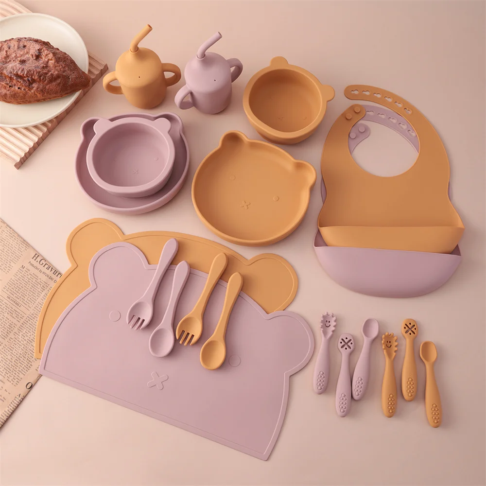 Color Kids 10PCS Soft Silicone Baby Feeding Set Suction Bowl Plate Bib Cup Utensils Waterproof Placemat Toddler Tableware Kit