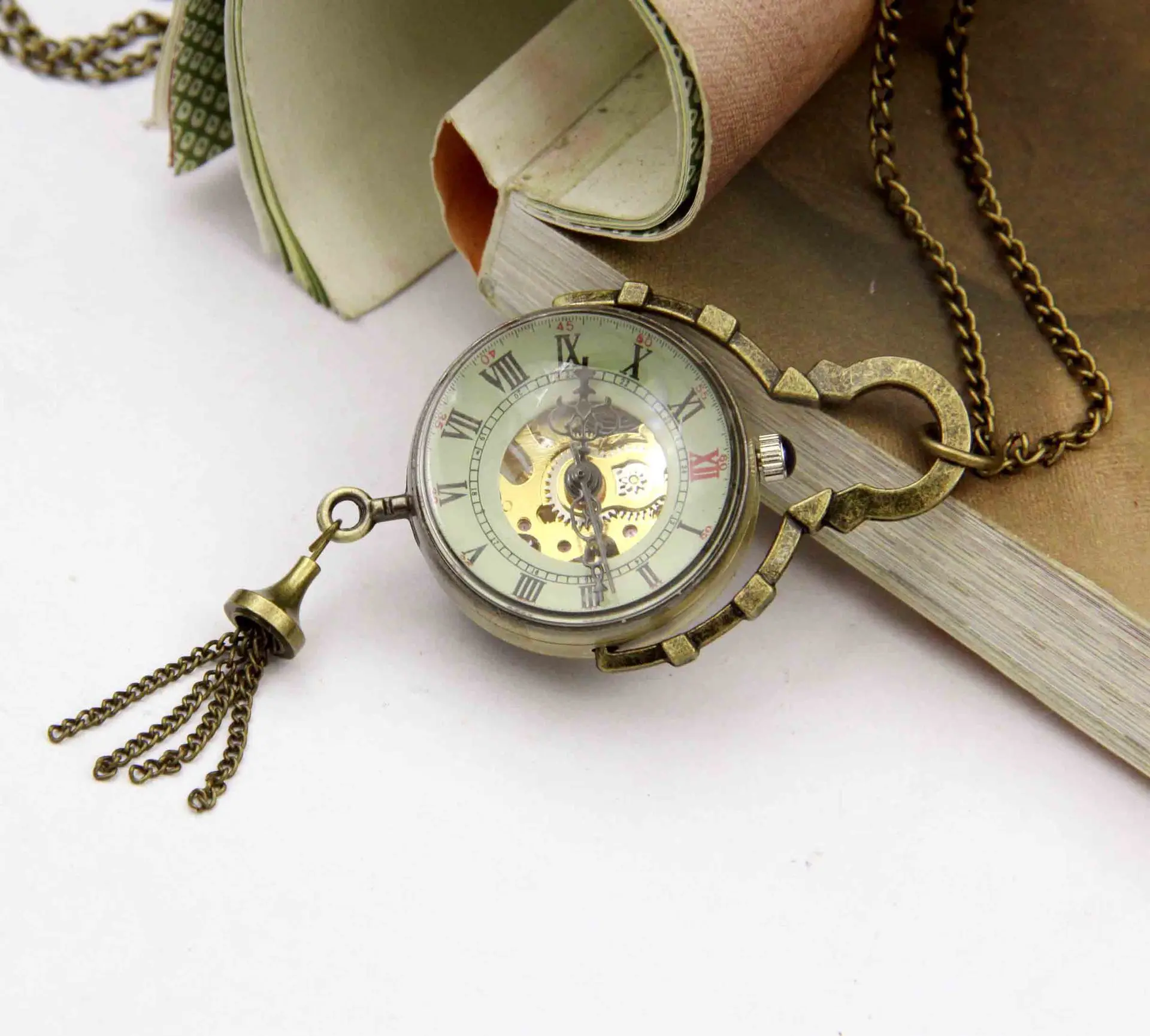 2 Pieces Luxury Vintage Mechanical Pocket Watch for Men Male Transparent Glass Roman Numerals Man Fob Chain Man Pendant Clock