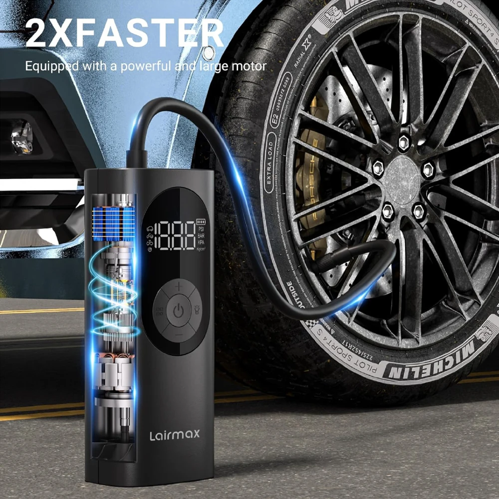 Electric Tire Inflator 150PSI/22Cylinder Powerful Cordless Air Pump for Car, Large Motocycles, Bicycles, Balls. 6000mAh Long Battery and Light.