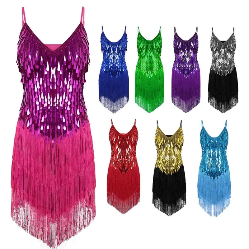 Robe De Danse Latine à Paillettes Et Franges - Sans Manches, Pour Tango, Salsa, Soirée Ou Compétition