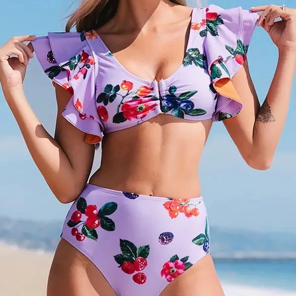 

Purple Swimsuit Ruffled Folds Thin 2022 New Fashion Beachwear High Waist Open Back Sexy Bikini