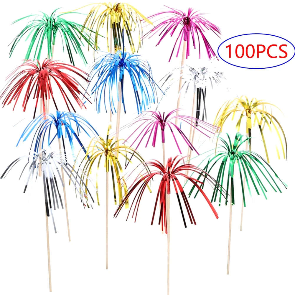 Description Picture 6 of item100 Pieces Disposable Fruit Dessert Sticks Party Tableware Cocktail Picks Fireworks Cake Topper Toothpicks For Wedding Decor