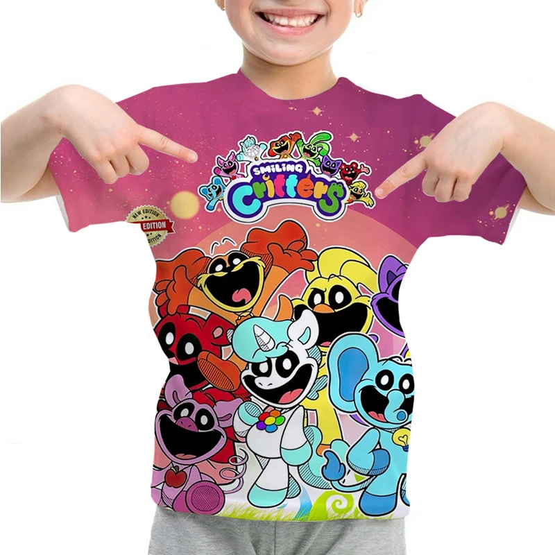 

Детские футболки с рисунком улыбающегося животного, летняя футболка с коротким рукавом, Повседневная Уличная одежда для мальчиков и девочек