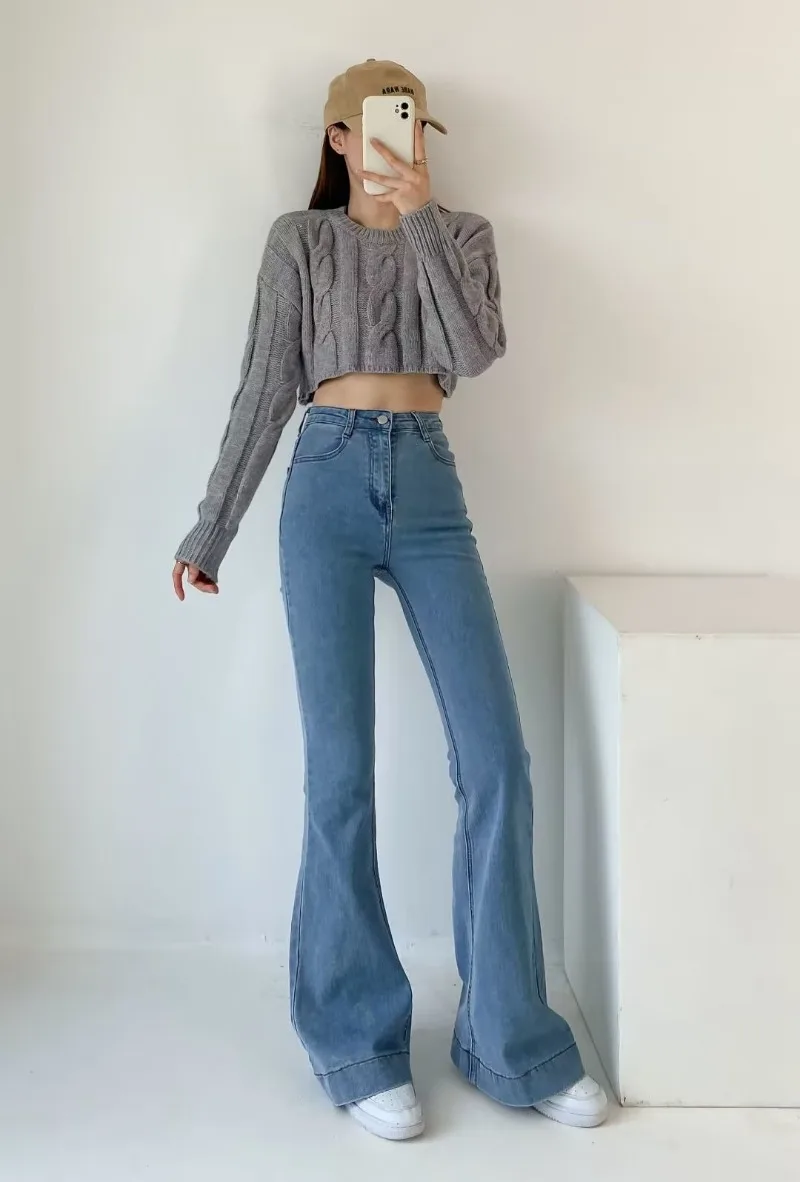 Pantalones vaqueros acampanados de verano para mujer, pantalones vaqueros largos ajustados, pantalones vaqueros elásticos azules de moda Y2K, pantalones vaqueros de cintura alta 2025