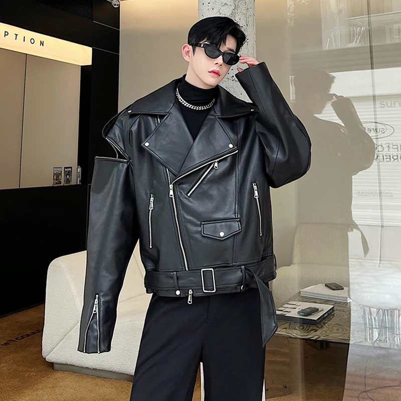 

SYUHGFA Trend Men's Leather Jackets Autumn Winter Windbreaker Wide Shoulder Flight Suit Niche Design Split Pu Leather Coat