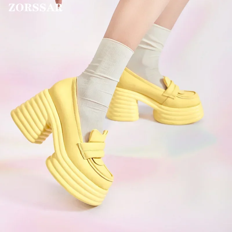 

White Pink Yellow Chunky Platform Loafers Women 2024 Autumn Thick High Heel Pumps Woman Slip On Pu Leather Goth Shoes Female
