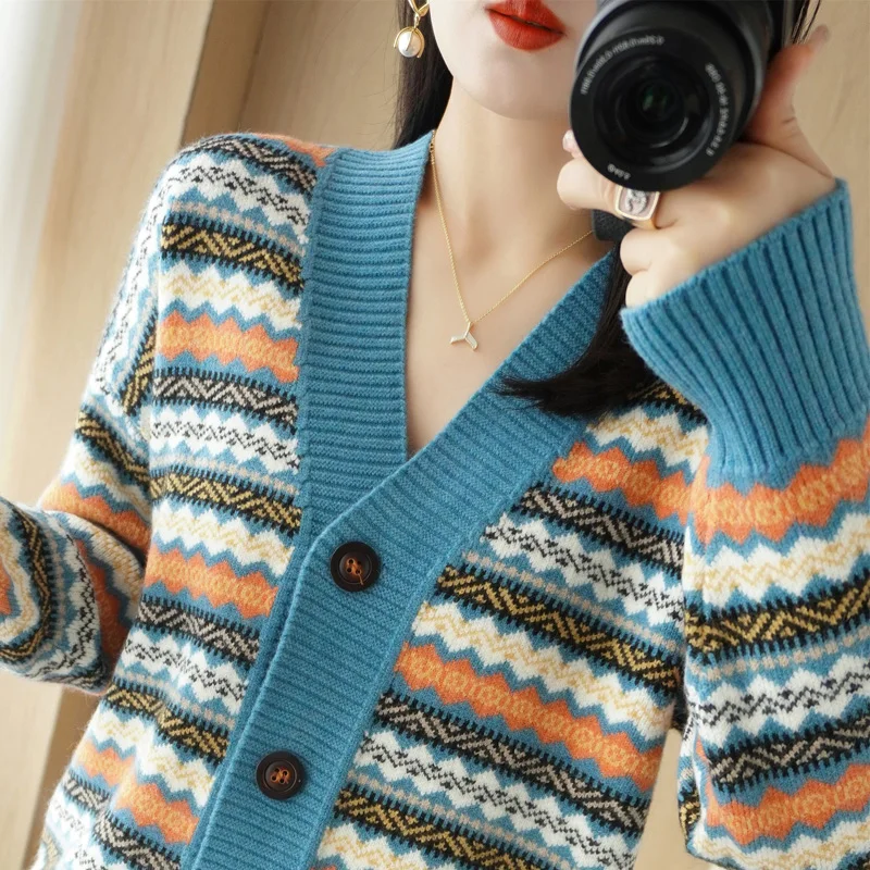 

vintage knit cardigan women sweater striped coat 2023 Autumn/Winter Buttons V-neck top women's loose warm casual Jacket Fashion