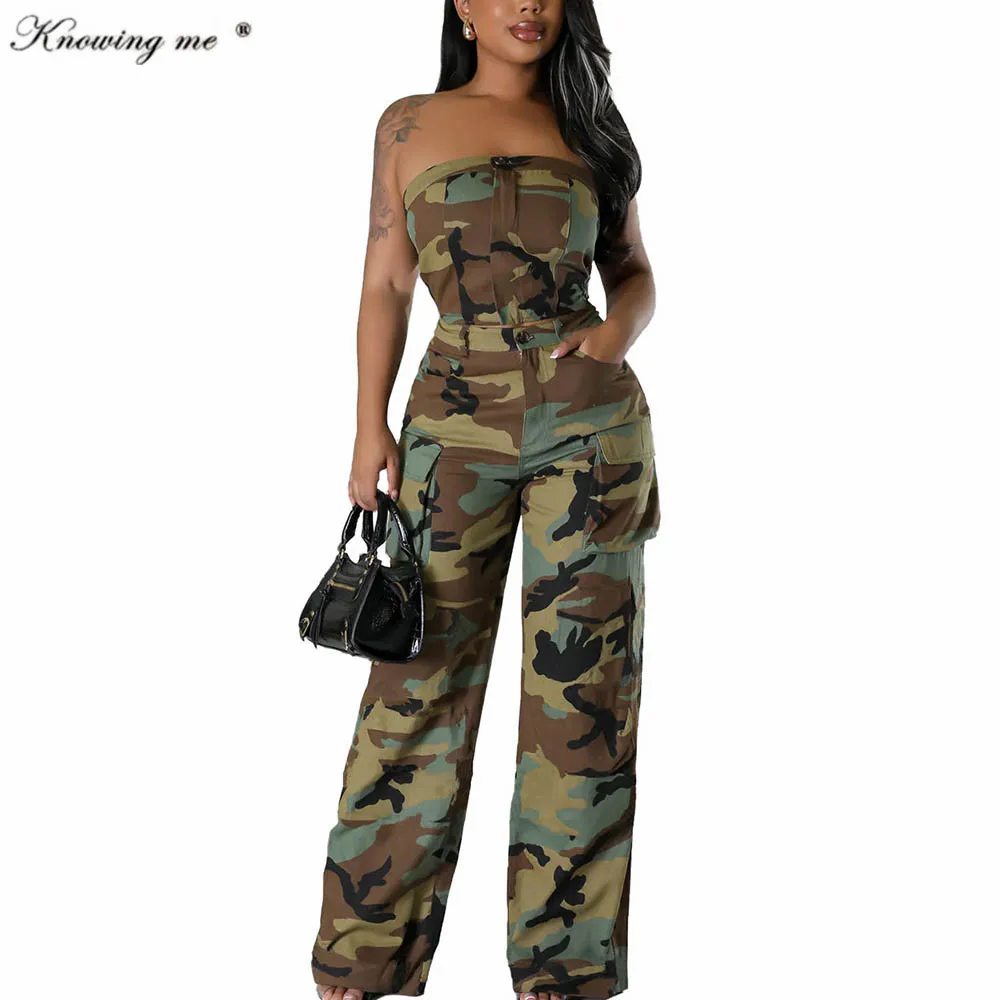 

Женский комплект из 2 предметов с камуфляжным принтом, привлекательный Топ без бретелек и длинные брюки с карманами, комплект из двух предметов, женский летний модный комплект одежды