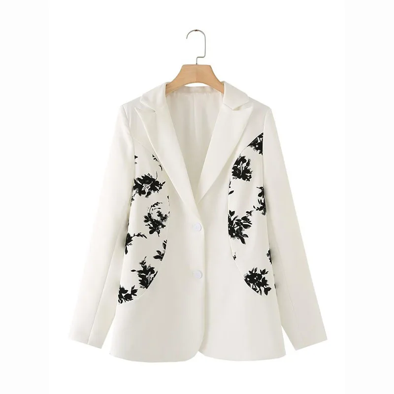 

Women Fashion Flower Printing White Suit Jacket Spring Autumn New Notched Collar Long Sleeve Slim Office Lady Blazers Coat
