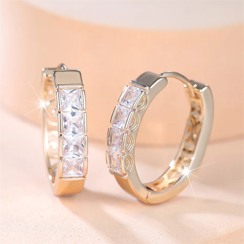 White Zircon Square Stone Luxury Crystal Hoop Earrings For Women Vintage Gold Color Ear Buckle Wedding Jewelry Versatile Gifts