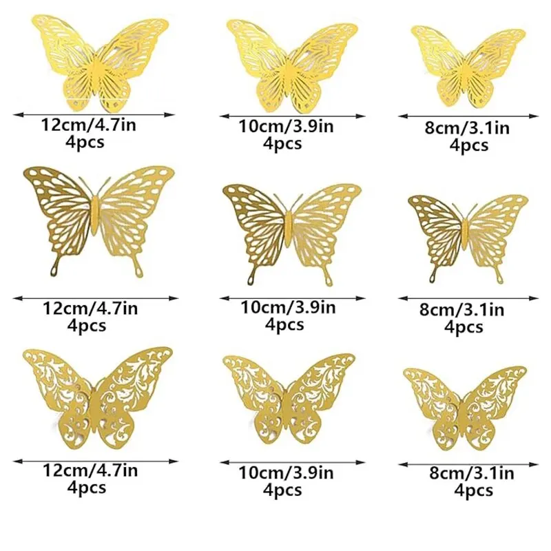 12Pcs 3D Hollow Butterfly Pet Plastic Laminated Paper Skeleton Butterfly Wall Sticker Background Home Decoration Event Wedding