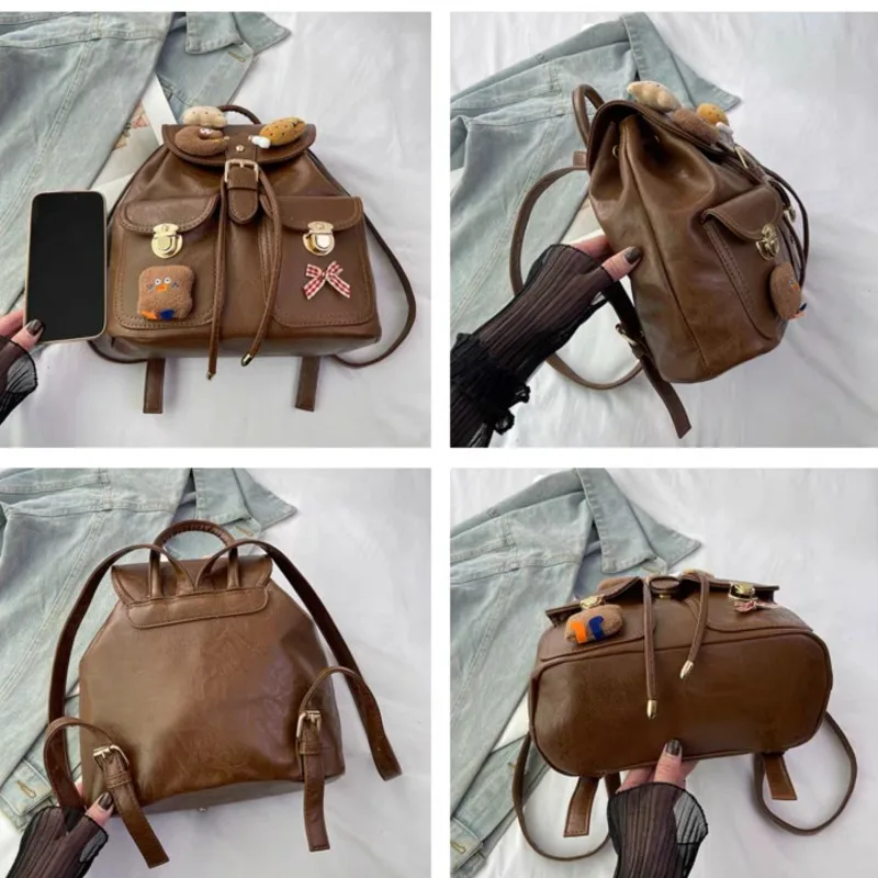 JIAERDI Retro Brown Y2k Mochila Women College Style Leather Chic  Embroidery Mini Backpack Female Versatile Backpacks 2025 New