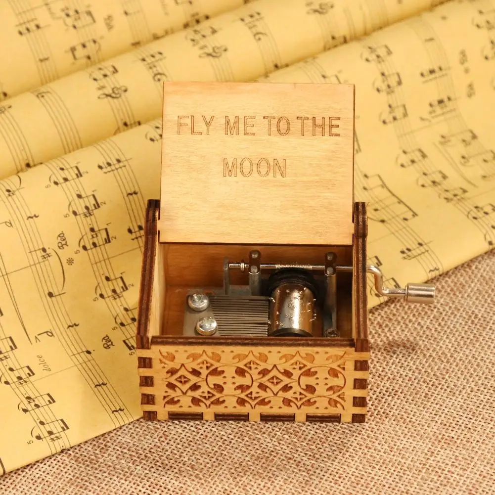 Vintage Retro Wood Music Box Fly Me to the Moon Hand Cranked Musical Case Home Antique Ornament Gifts