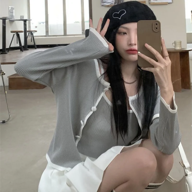 여성용 빈티지 하라주쿠 하이 스트리트 가디건, 우아한 여성 한국 캐주얼 올 매치 패션 상의 세트, 2 피스 핫스위트 티