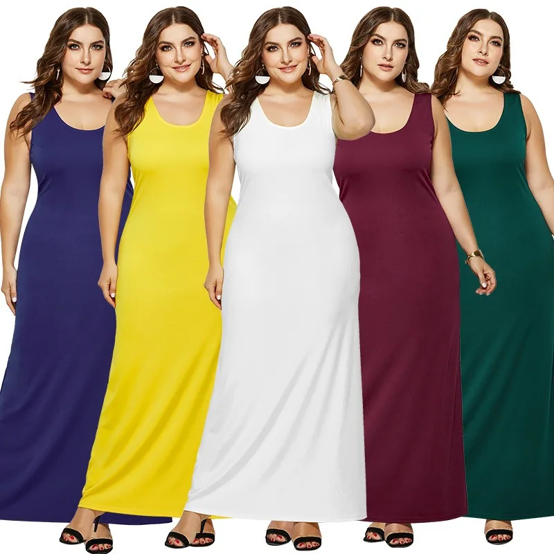 

Oversized 5XL Summer Women Tank Dress Sexy Casual U Neck Sleeveless Slim Long Robe Loose Solid Beach Ladies Party Korean Dresses