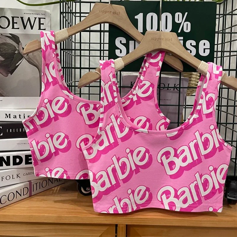 

New Kawaii Barbie Girls Crop Top Fashion Female Slim Sexy Sleeveless Letter Short Tank Vest Summer All-match Camisole Tops Gifts