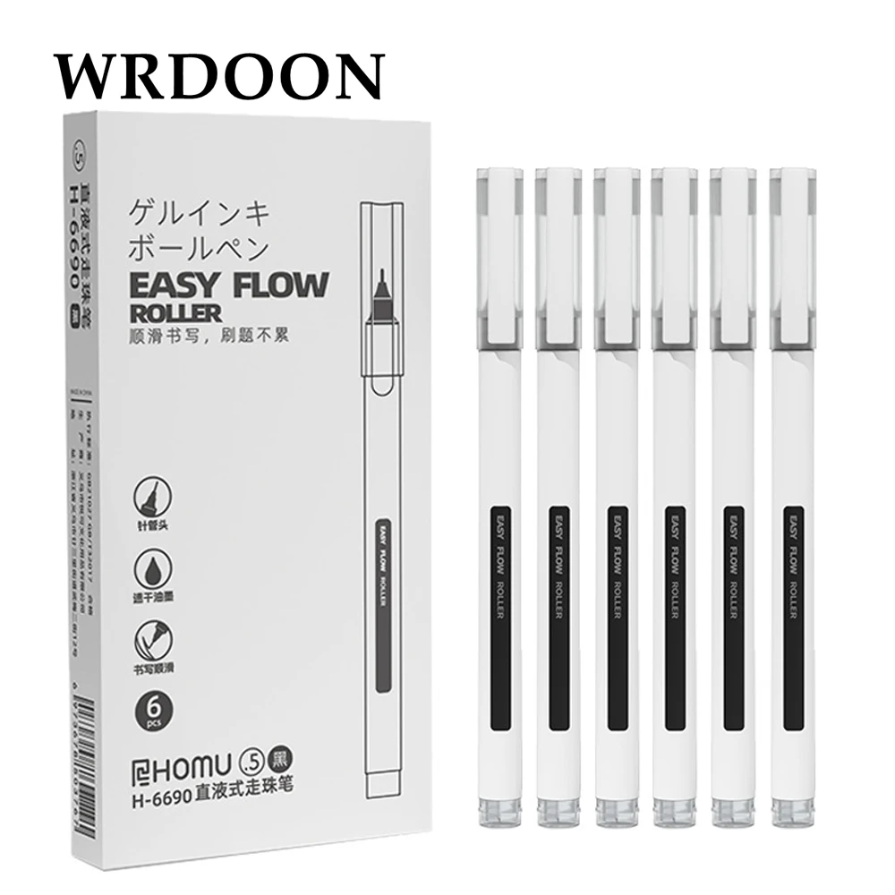 

6pcs Quick-drying 0.5mm Roller Pen Black Ink Straight Liquid Rollerball Gel Pen for School Office Stationery Kawaii