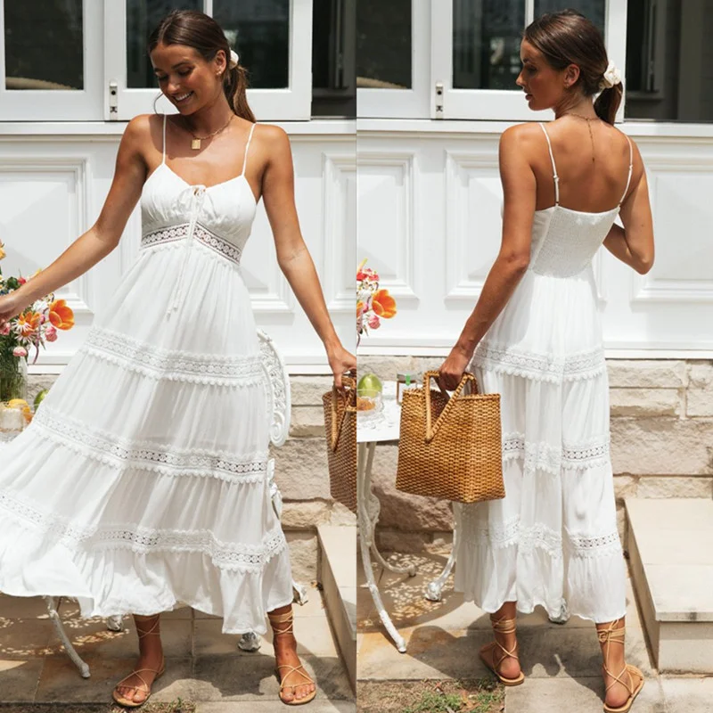 

Bohemian Women's Maxi Dresses Vestidos Suspender Lace Stitching Backless Large Swing Skirt Fashion Vacation Dress for Women