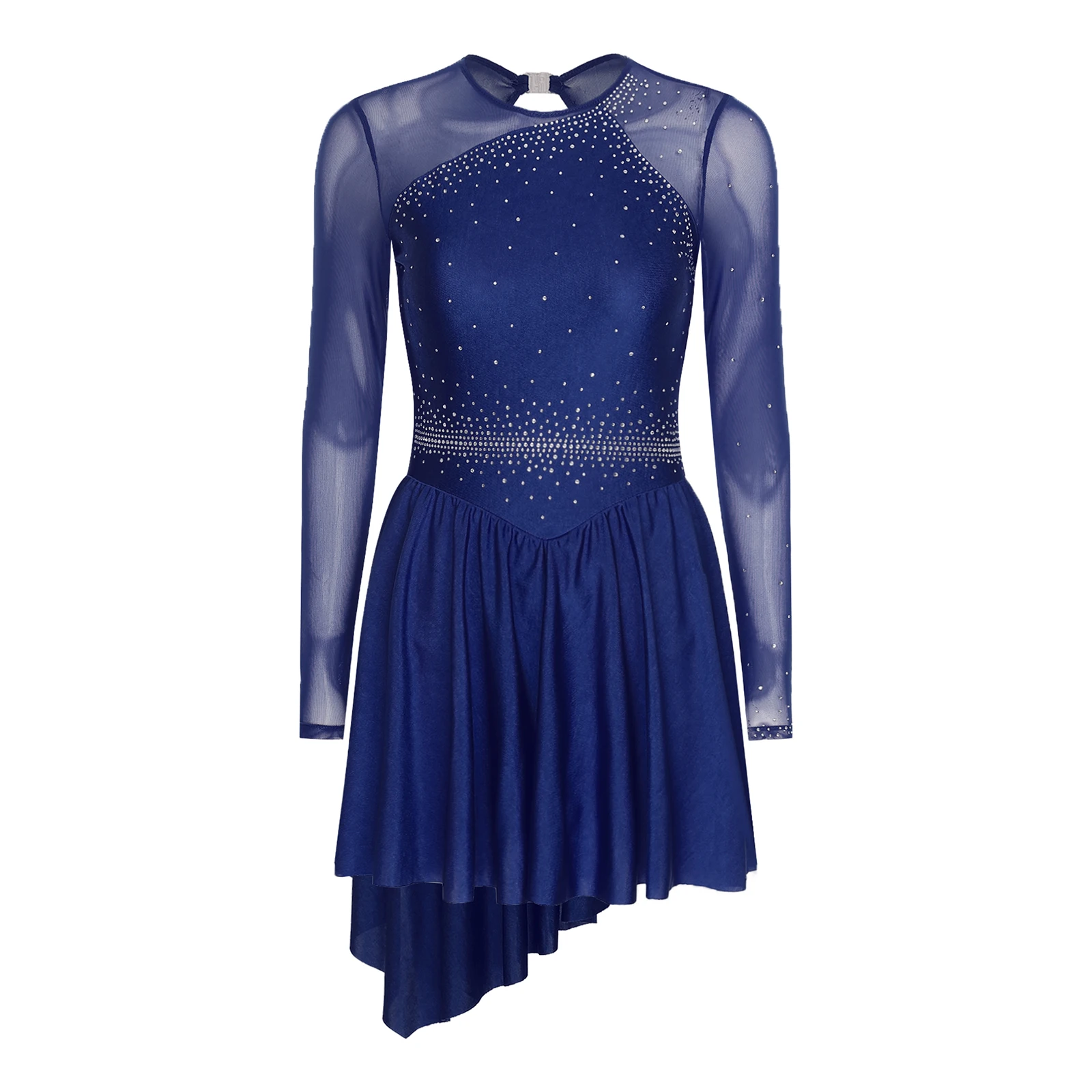 Damen glitzernde Strasssteine, Gymnastik, Eiskunstlauf, Ballett, lyrischer Tanz, Trikots, Kostüm, durchsichtiges Netz, langärmelig, Tanzkleid – Detail 5