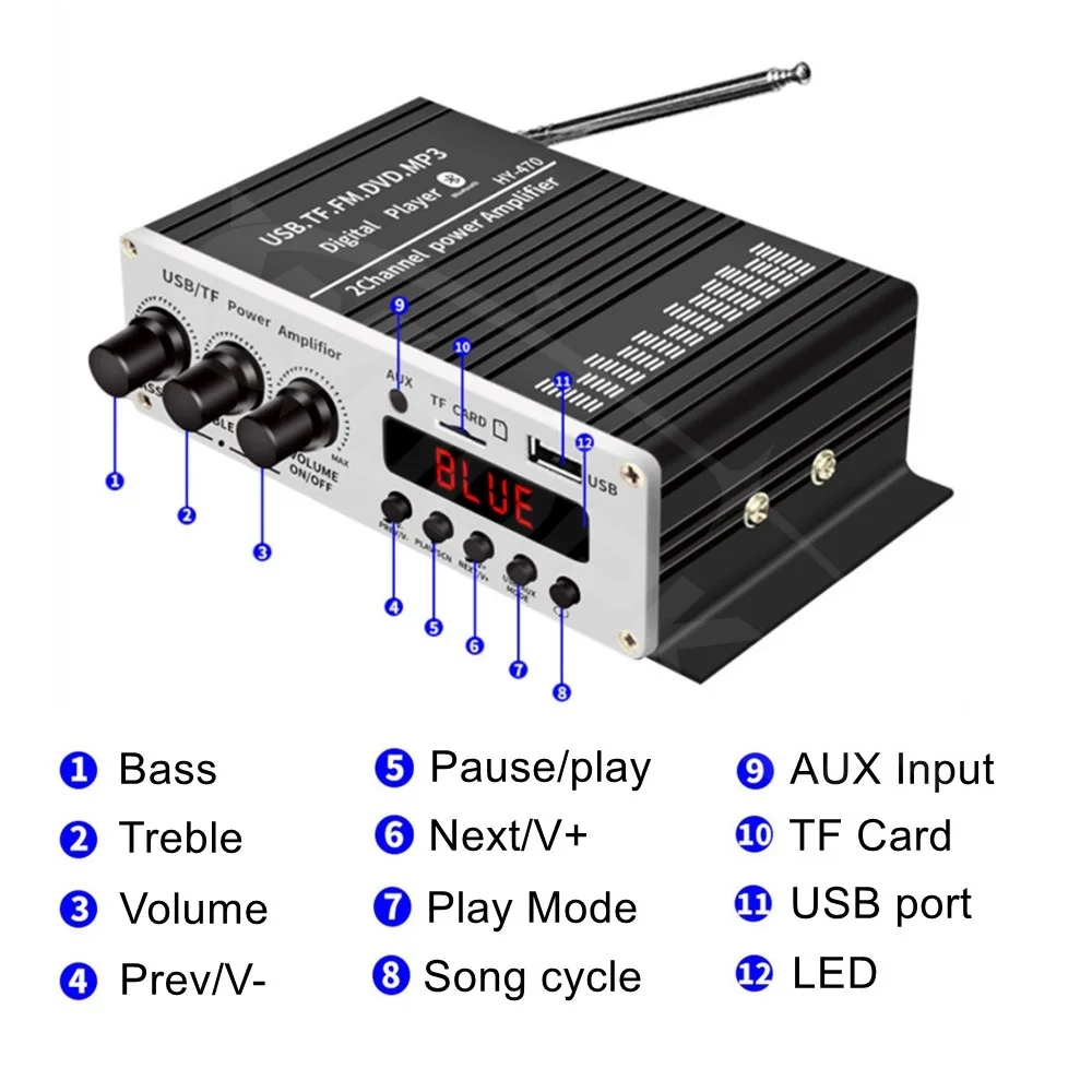 Hifi Power Amplifier 470 Channel 2.0 Bluetooth 20W*2 Bass Treble Digital Audio A