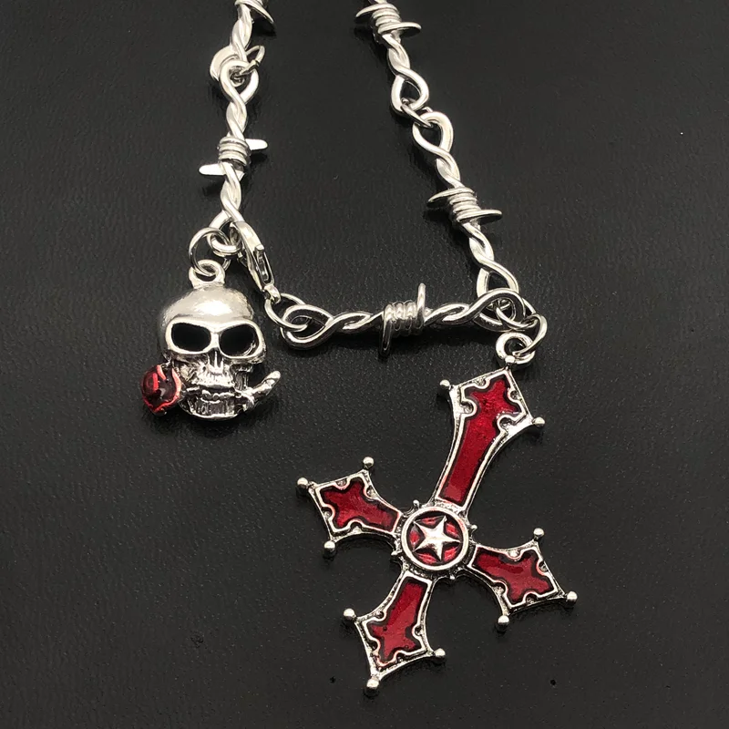 Red Crimson Bloody Inverted Upside Down Cross Pendant Necklace Vintage Gothic Satanic Pagan Wiccan Druid Occult Jewelry - Silver Color